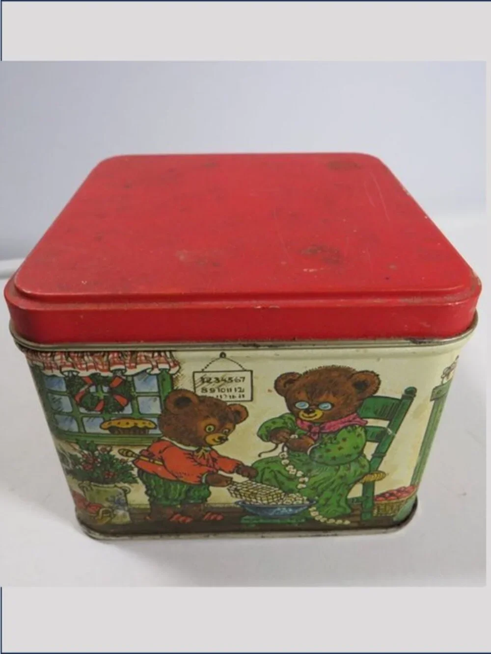 Vintage Teddy Bears in Kitchen Tin Container Square Holiday Metal Box Storage